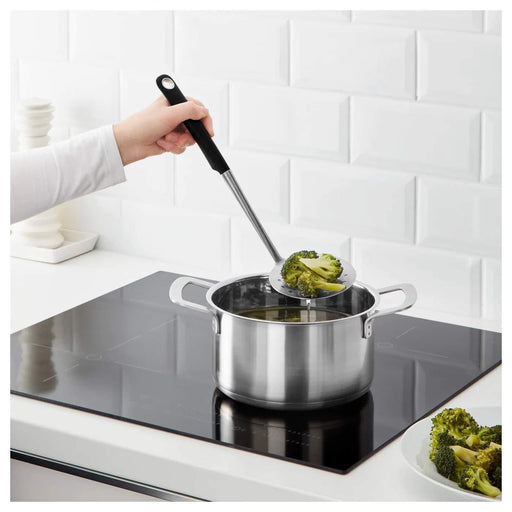  IKEA HJÄLTE black skimmer showing stainless steel mesh and reinforced polyamide handle detail