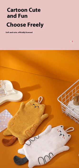 Digital Shoppy Cute Kitten Coral Fleece Hand Towel – Hanging Quick-Dry Kitchen Scarf Beige