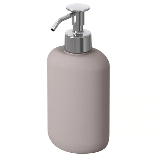 IKEA EKOLN beige stoneware soap dispenser with stainless steel pump, front view #30493005