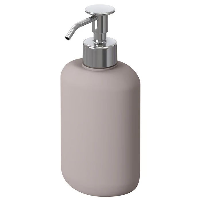 IKEA EKOLN beige stoneware soap dispenser with stainless steel pump, front view #30493005