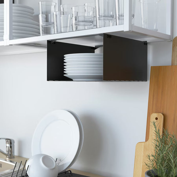 IKEA ENHET anthracite insert dividing kitchen shelf storage with stacked plates and cutting boards