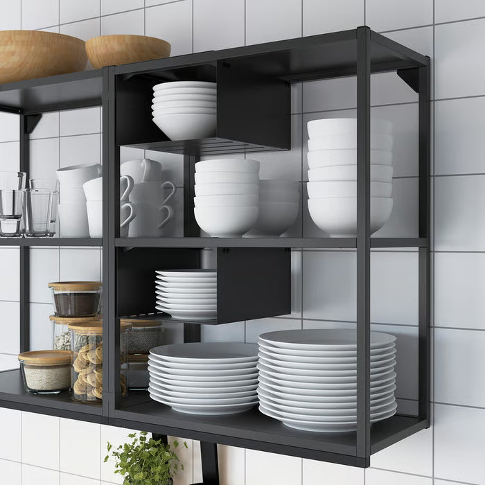 IKEA ENHET anthracite shelf insert organising plates, bowls, mugs and jars in kitchen shelving