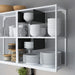 IKEA ENHET anthracite insert organising plates, bowls and mugs on white kitchen shelving
