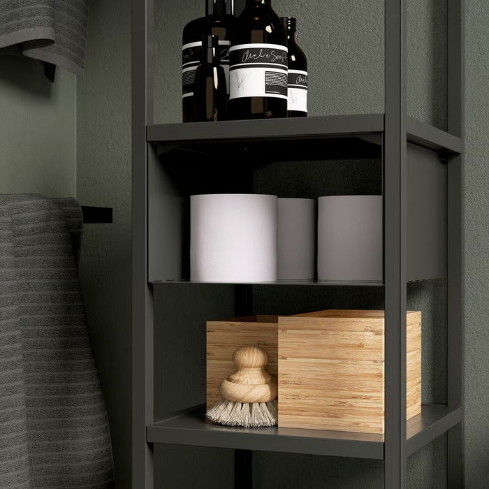 IKEA ENHET anthracite shelf insert holding wooden brush and paper rolls with bottles above