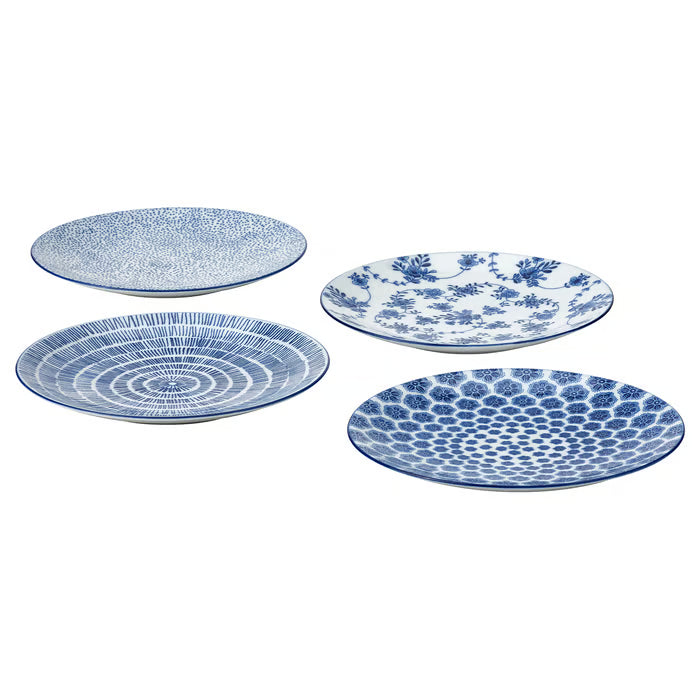 IKEA ENTUSIASM side plate set of four patterned blue 18cm diameter on a table #00505359