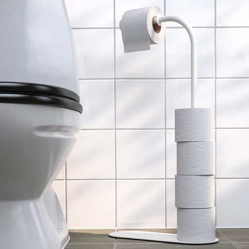 IKEA ENUDDEN white toilet roll stand styled in bathroom holding multiple rolls