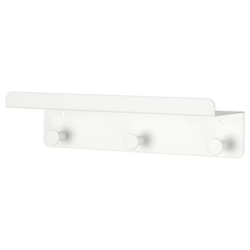 : IKEA ENUDDEN white wall shelf with 3 hooks 30x8 cm mounted in bathroom front view #80629964