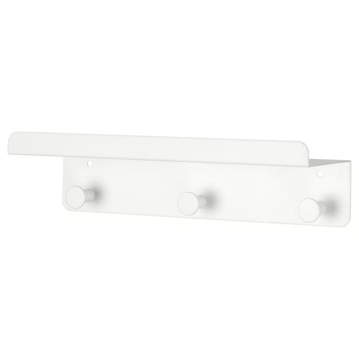 : IKEA ENUDDEN white wall shelf with 3 hooks 30x8 cm mounted in bathroom front view #80629964