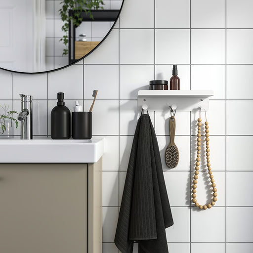  IKEA ENUDDEN white shelf with hooks styled in bathroom with towels and accessories