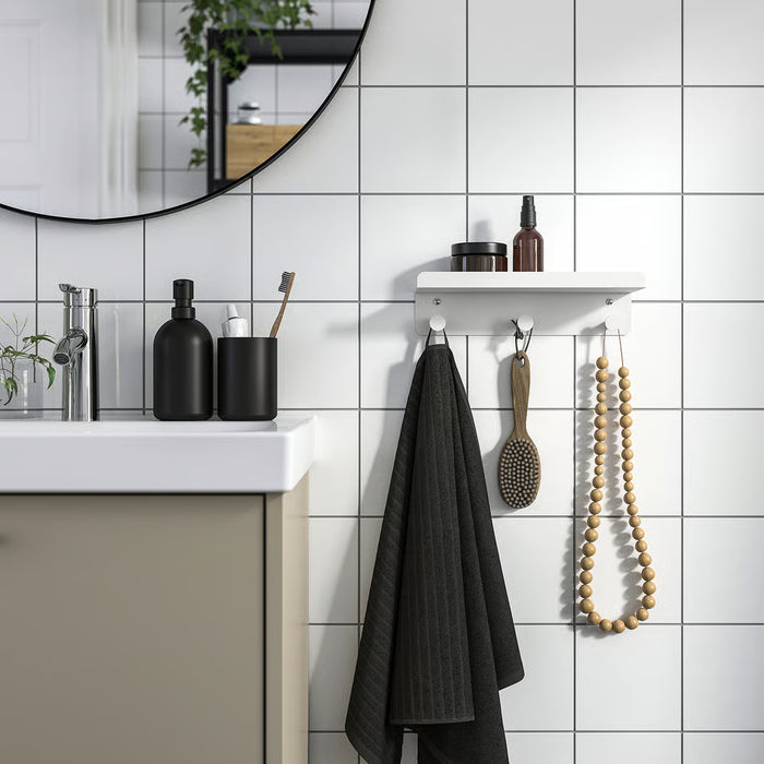  IKEA ENUDDEN white shelf with hooks styled in bathroom with towels and accessories