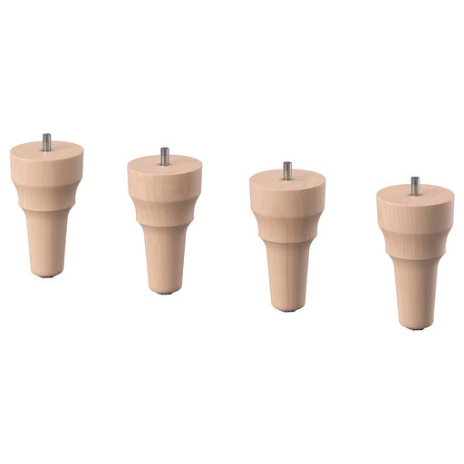 Four wooden furniture legs with metal screws on a white background