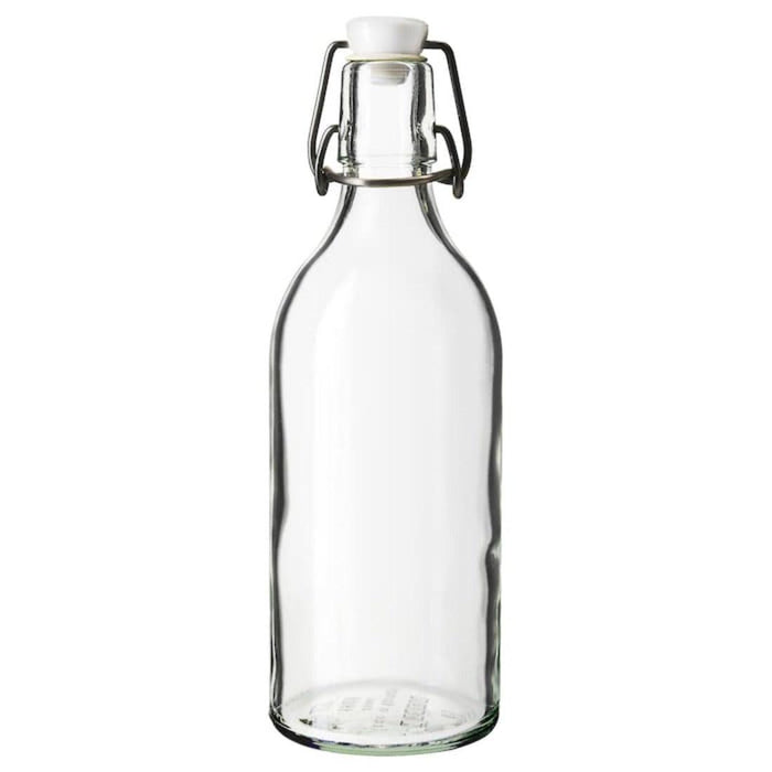 IKEA UPPFYLLD Funnel, 13 cm, bright yellow with KORKEN Bottle with stopper, clear glass0.5 l