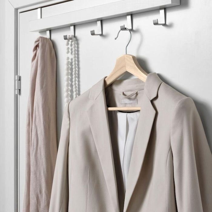 IKEA BUMERANG Coat hanger, natural with RÅGODLING Clothes cover, textile striped/beige anthracite