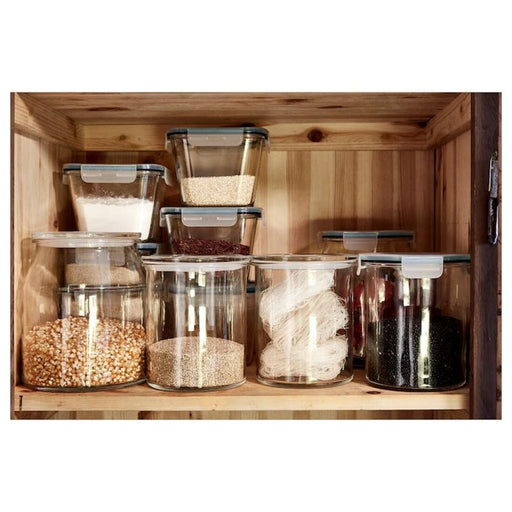 IKEA IKEA365+ round glass jar 1.7L stored on kitchen shelf with dry ingredients