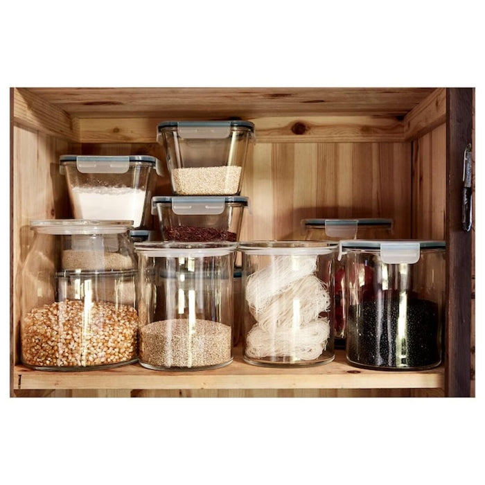 IKEA IKEA365+ round glass jar 1.7L stored on kitchen shelf with dry ingredients