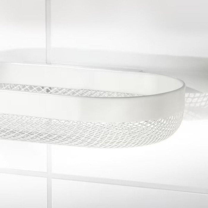 Close-up of a white ceiling light fixture with a mesh design on a white background