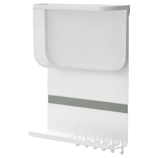White mesh laundry basket with metal handle and hooks on a white background