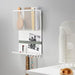 Wall-mounted organizer with mesh pocket, shelves, and photo frame against a gray wall.