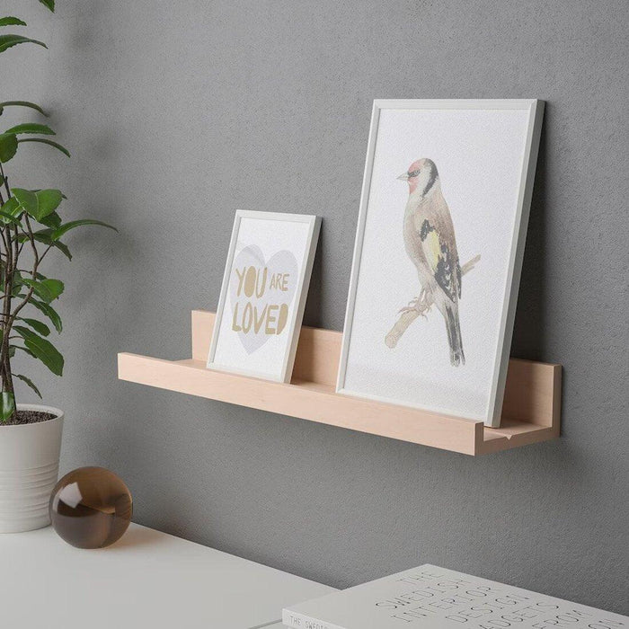 Minimalist IKEA MOSSLANDA birch effect picture ledge displaying photos and decorations 80511342