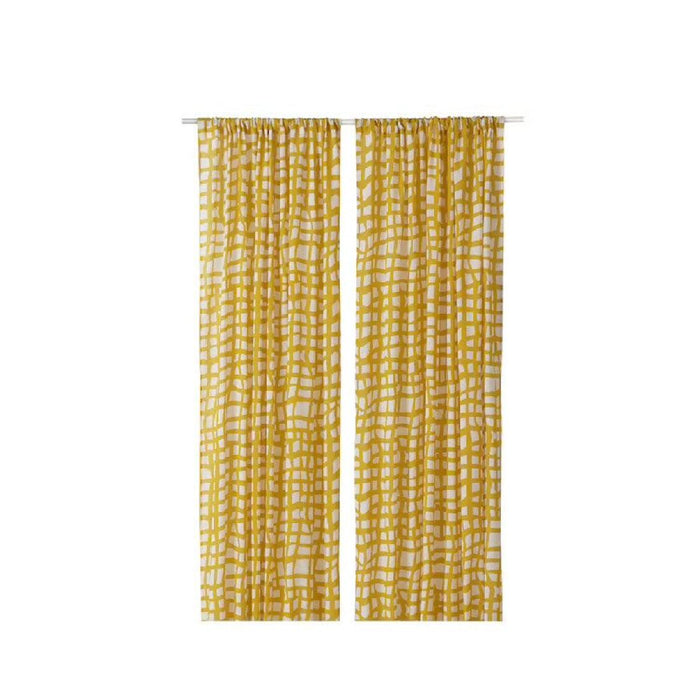 IKEA AMBRATRÄD Curtains, 1 pair, check/yellow, 145x150 CM with  SYRLIG Curtain ring with clip and hook, black, 25 mm and RIKTIG Curtain hook20 pack