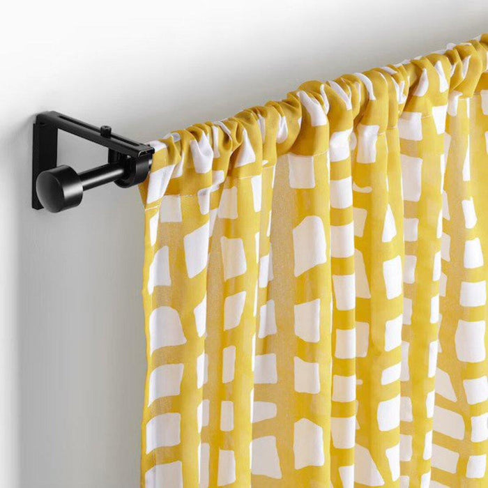 IKEA AMBRATRÄD Curtains, 1 pair, check/yellow, 145x150 CM with  SYRLIG Curtain ring with clip and hook, black, 25 mm and RIKTIG Curtain hook20 pack