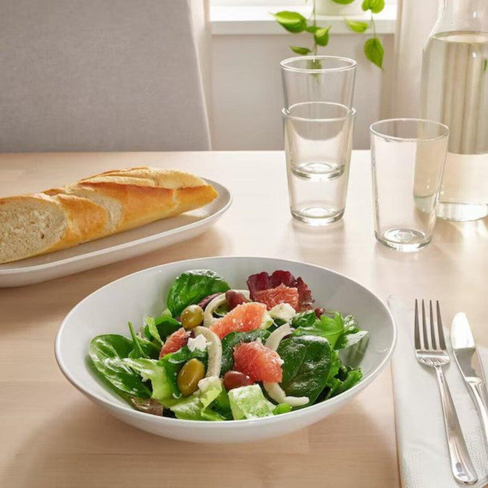 IKEA  KRÖSAMOS Place mat, striped/yellow red-brown, 45x35 cm  pack of 4 with  GLADELIG Bowl, grey, 11 cm and GODMIDDAG Deep plate, white, 23 cm  pack of 4 and  Spoon,19cm and  Paper napkin, white30x30 cm