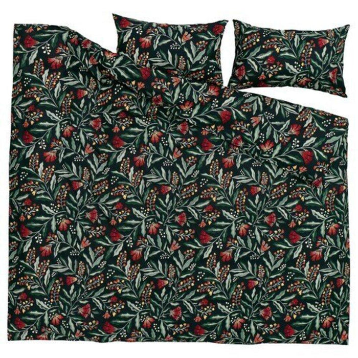 The SAMMETSBLAD duvet cover and pillowcases set laid out, showcasing the colorful floral pattern on a black background.50511635

