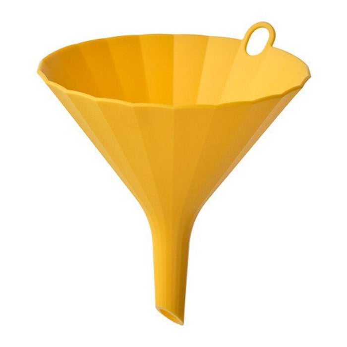 IKEA UPPFYLLD Funnel, 13 cm, bright yellow with VINTERFINT Bottle with stopper, glass green, 0.5 l