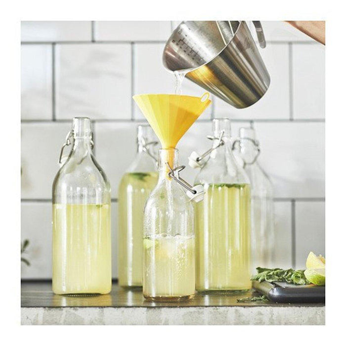 IKEA UPPFYLLD Funnel, 13 cm, bright yellow with Bottle with Stopper, Clear Glass, White,1 l (34 oz)