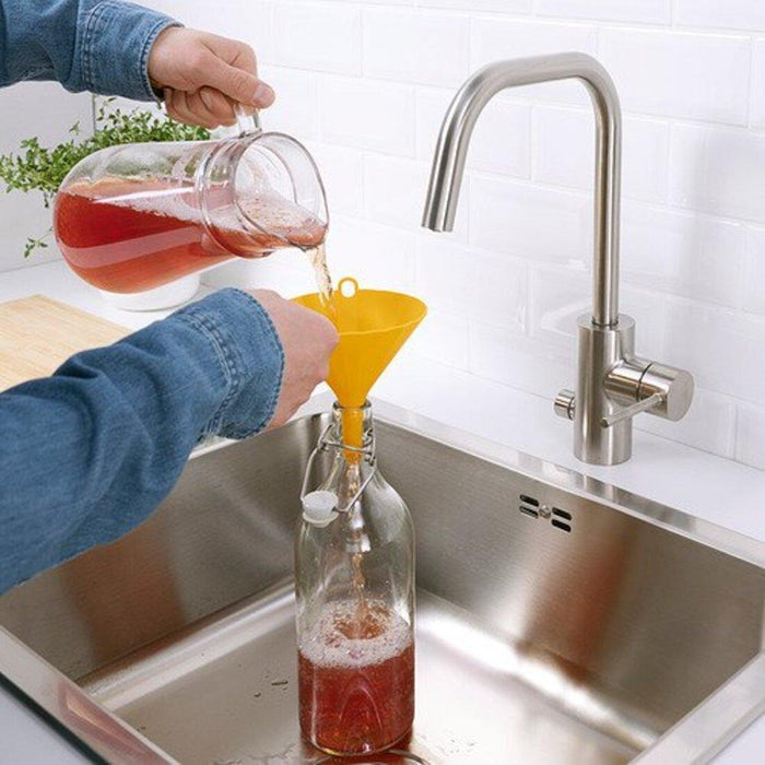IKEA UPPFYLLD Funnel, 13 cm, bright yellow with Bottle with Stopper, Clear Glass, White,1 l (34 oz)