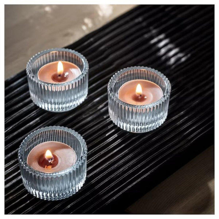 IKEA FROJDA Tealight Holder 6 cm with  ENSTAKA Scented tealight candle, Bonfire/grey, 3.5 hr, (Pack of 30)