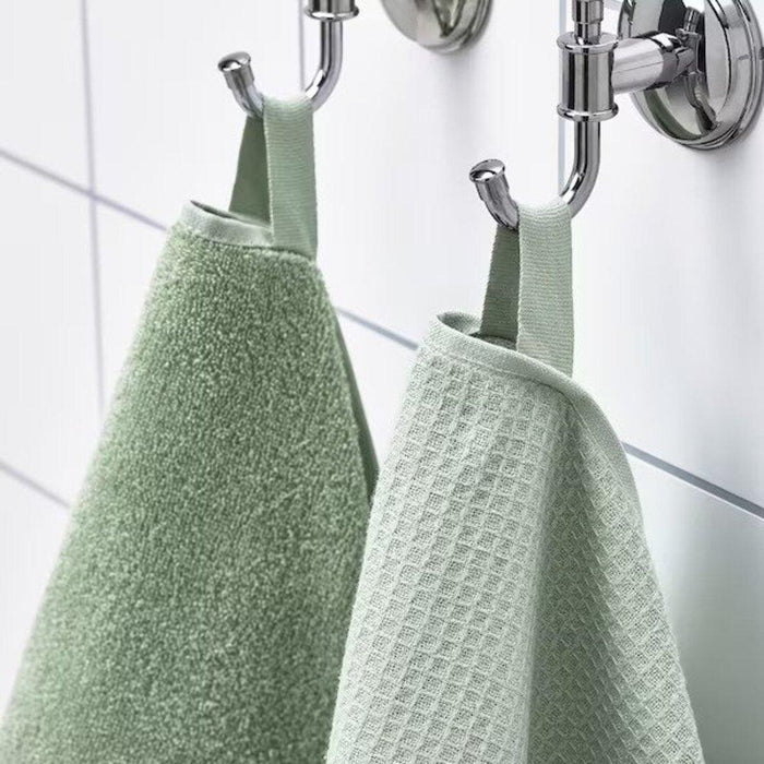 IKEA SALVIKEN Washcloth, light green, 30x30 cm with TOFTAN Toothbrush holder, beige and   KALKGRUND Soap dish, chrome-plated