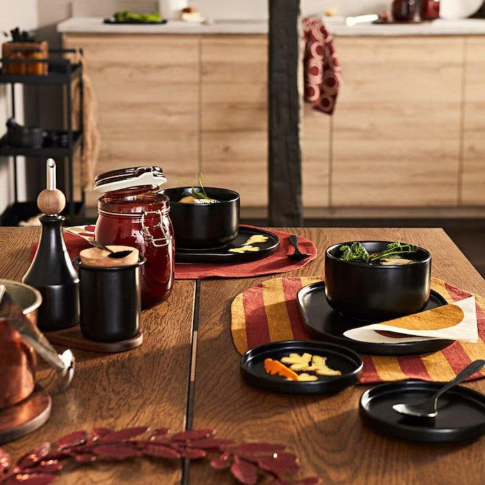 IKEA  KRÖSAMOS Place mat, striped/yellow red-brown, 45x35 cm  pack of 4 with  GLADELIG Bowl, grey, 11 cm and GODMIDDAG Deep plate, white, 23 cm  pack of 4 and  Spoon,19cm and  Paper napkin, white30x30 cm