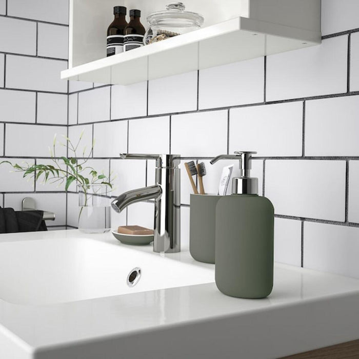 IKEA SALVIKEN Washcloth, anthracite30x30 cm pack of 2 with Soap dish, grey-green  and  Body puff, set of 3, orange/green/white and Wall shelf with suction cup, grey-green, 28 cm