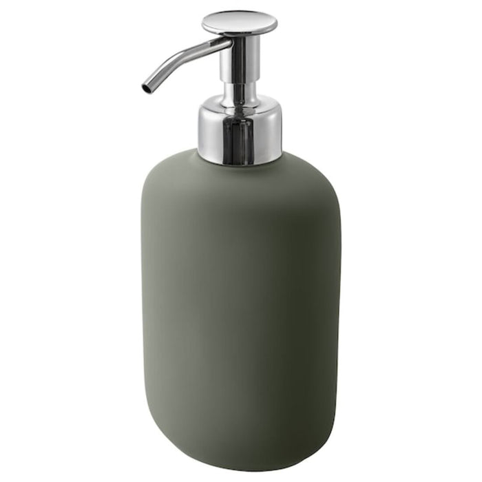 IKEA  EKOLN Soap dispenser with a matte green cylindrical body, rounded edges, and a silver metallic pump mechanism on top. Ideal for bathroom or kitchen use  -60496795, 00496798, 30496792
