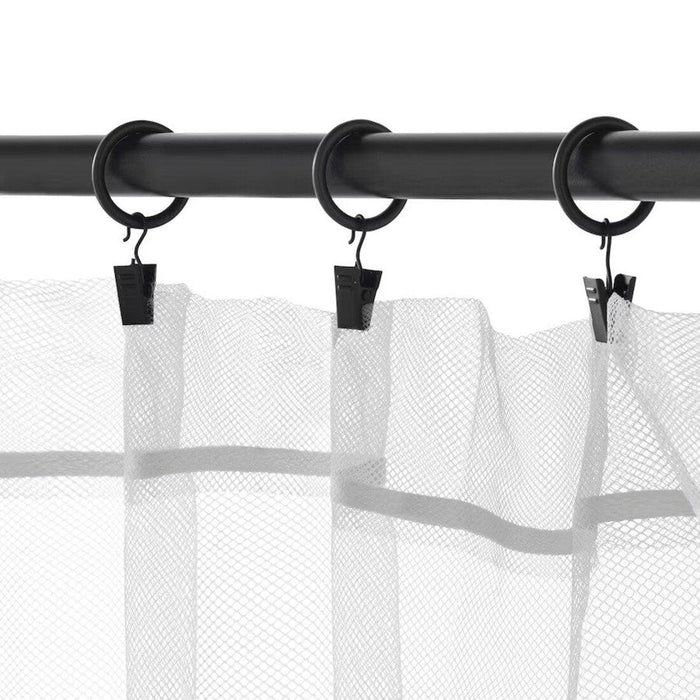 IKEA SYRLIG Curtain ring with clip and hook, black, 25 mm with  KRONILL Heading tape, white8.5x310 cm and RIKTIG Curtain hook20 pack