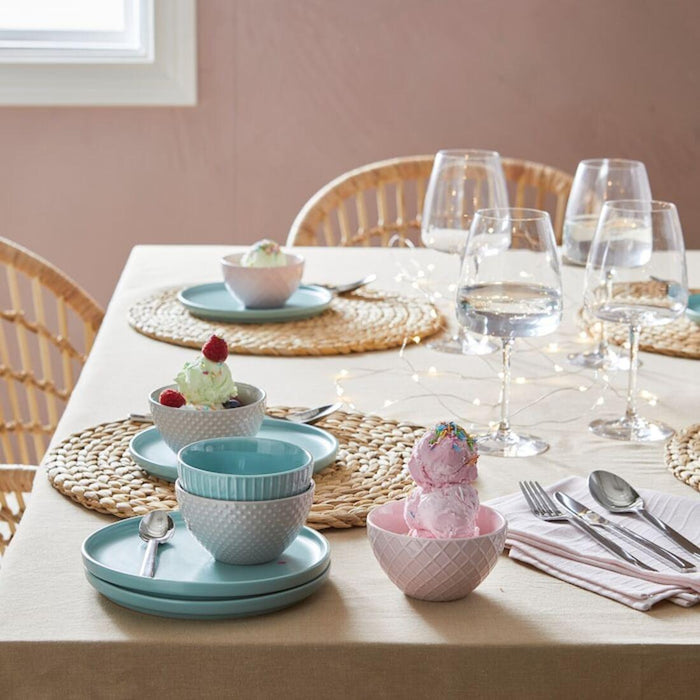 IKEA Dining Set with Woven Placemats, Chopsticks, White Bowls, Tissue Box, Natural and White