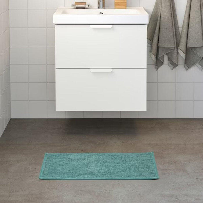 Ikea Bathroom Accessories Set, Includes Bath Mat Turquoise, 40x60 cm, Hand Towel Grey-Turquoise, 40x70 cm, 2 Black Wall Hooks