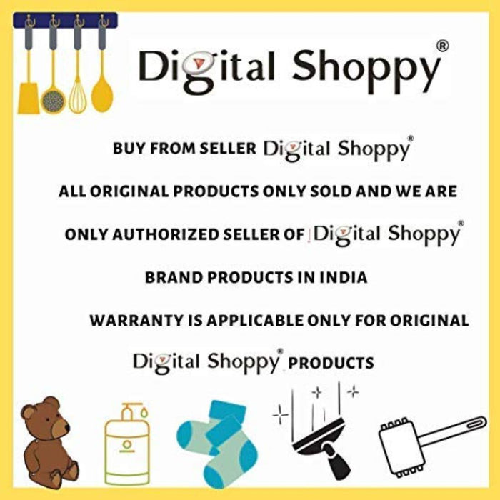 Digital Shoppy advertisement with brand name, product icons, and warranty information on a yellow background.