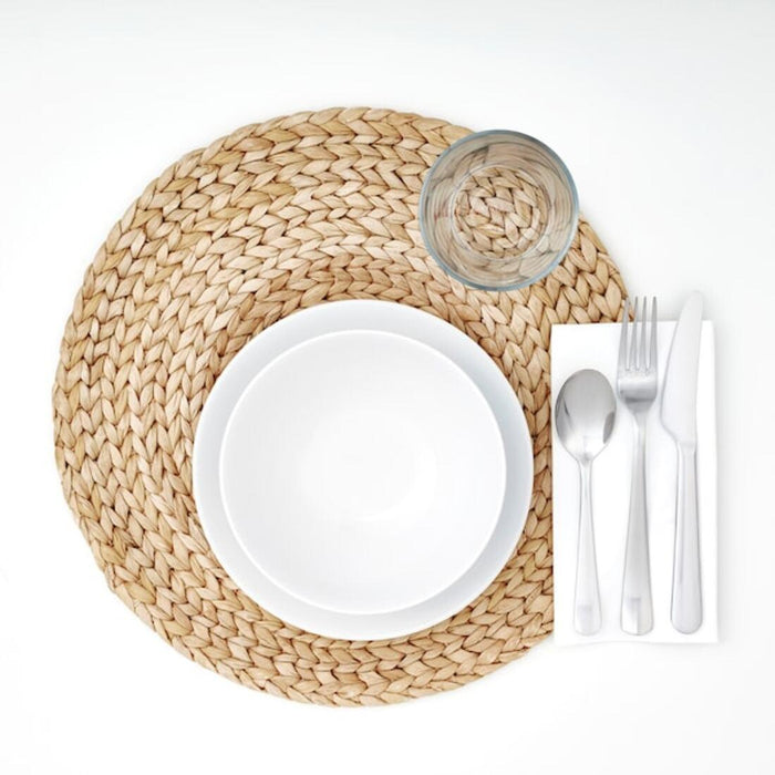 IKEA Dining Set with Woven Placemats, Chopsticks, White Bowls, Tissue Box, Natural and White