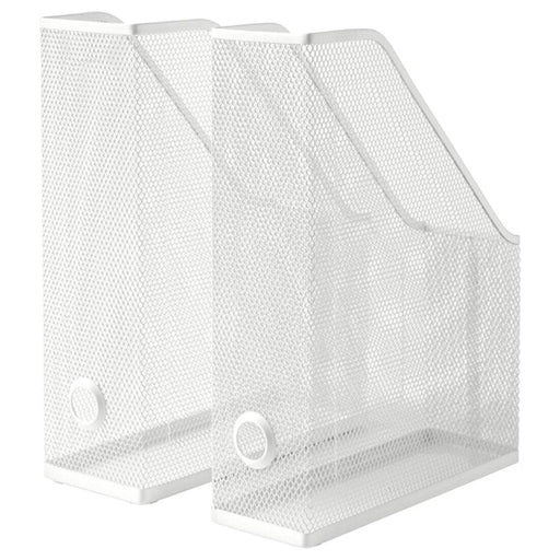 Two white mesh magazine holders on a white background