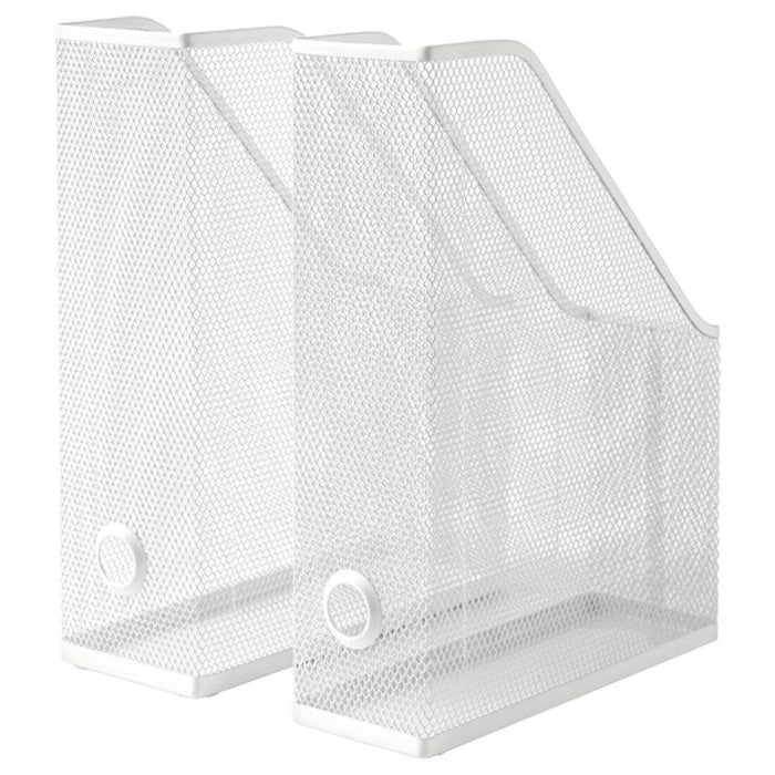 Two white mesh magazine holders on a white background
