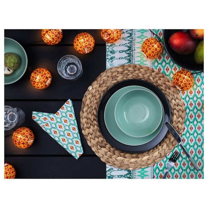 IKEA Dining Set with Woven Placemats, Chopsticks, White Bowls, Tissue Box, Natural and White