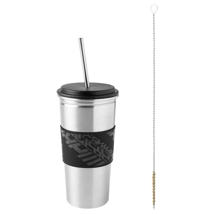 IKEA LÅNESPELARE Mug with lid and straw, black with Mug holder, black
