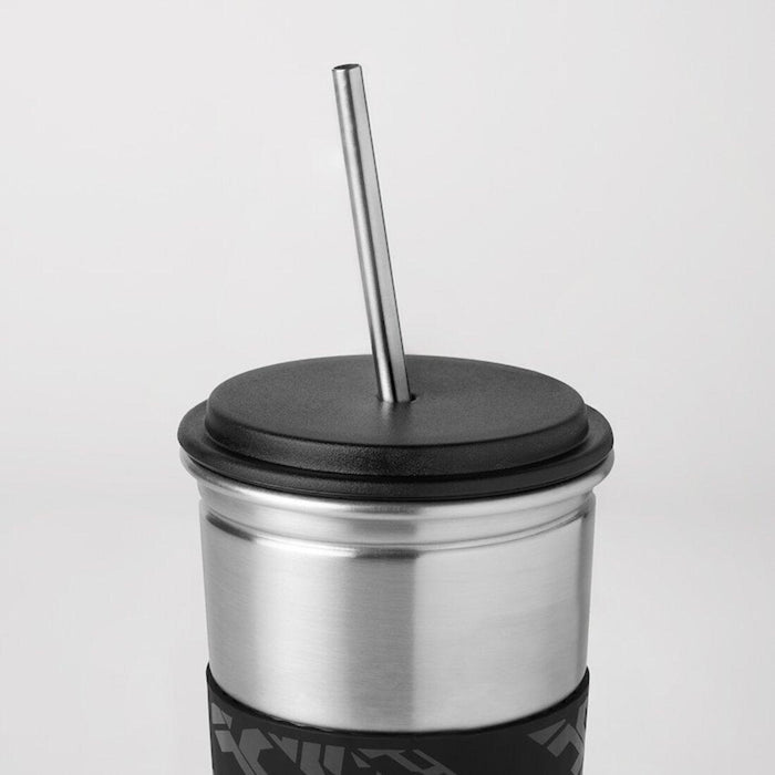 IKEA LÅNESPELARE Mug with lid and straw, black with Mug holder, black