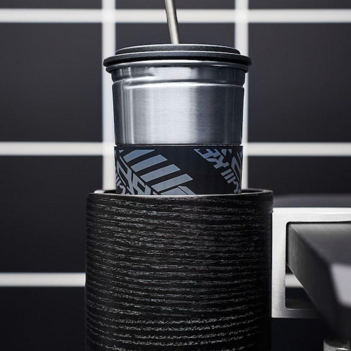 IKEA LÅNESPELARE Mug with lid and straw, black with Mug holder, black