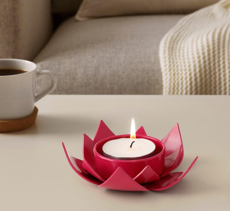 IKEA AROMATISK Decoration, leaf, yellow, 22x16 cm WITH Block candle holder, dark pink Lotus, 40 mm