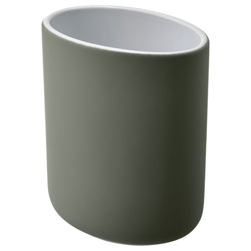 A IKEA  EKOLN Toothbrush holder  matte-finished, dark green container with a white interior and an oval-shaped opening at the top. Modern and minimalist design, suitable for holding pens, toothbrushes, or other small items-60496795, 00496798, 30496792