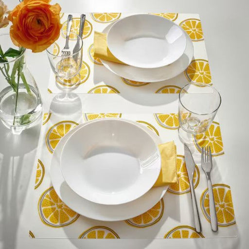 A high-quality yellow place mat with an eye-catching design, protecting the table surface.