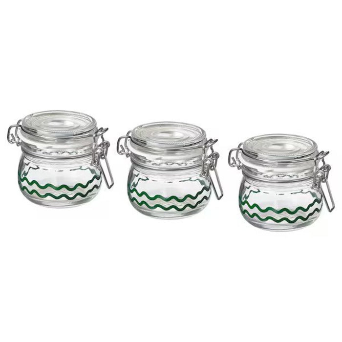 IKEA clear glass jar with lid, featuring a patterned green design